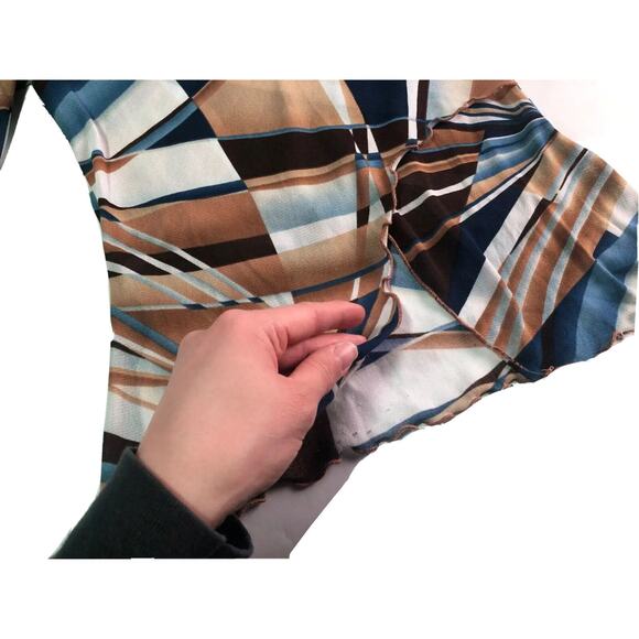 Moa Moa Size Large Geometric V-neck Top 90s Lettuce Edge Trim 3/4 Length Sleeve - Picture 5 of 7